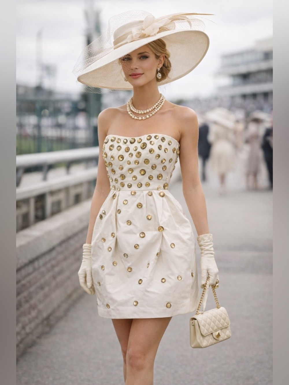 BCBGMaxAzria Strapless Ivory Dress with Gold Accents Kentucky Derby Ready